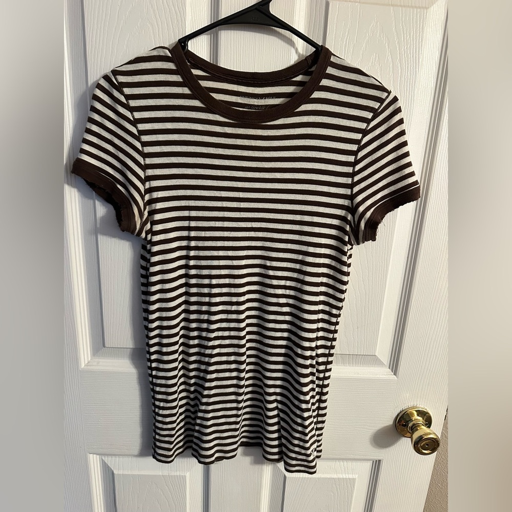 Vintage American Eagle Striped Brown and White Women's Top